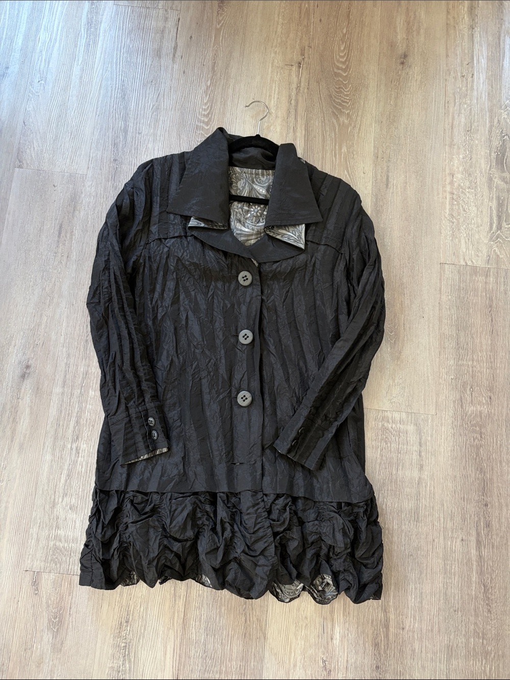Black Textured Ruffle-Hem Trench Coat
